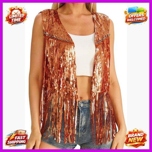 Jackets & Blazers - Small Sequin Fringe Vest Sleeveless Western Costume Jacket Party Wear